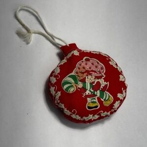 Vintage Strawberry Shortcake Fabric Round Ornament 4" Candy Cane Handmade